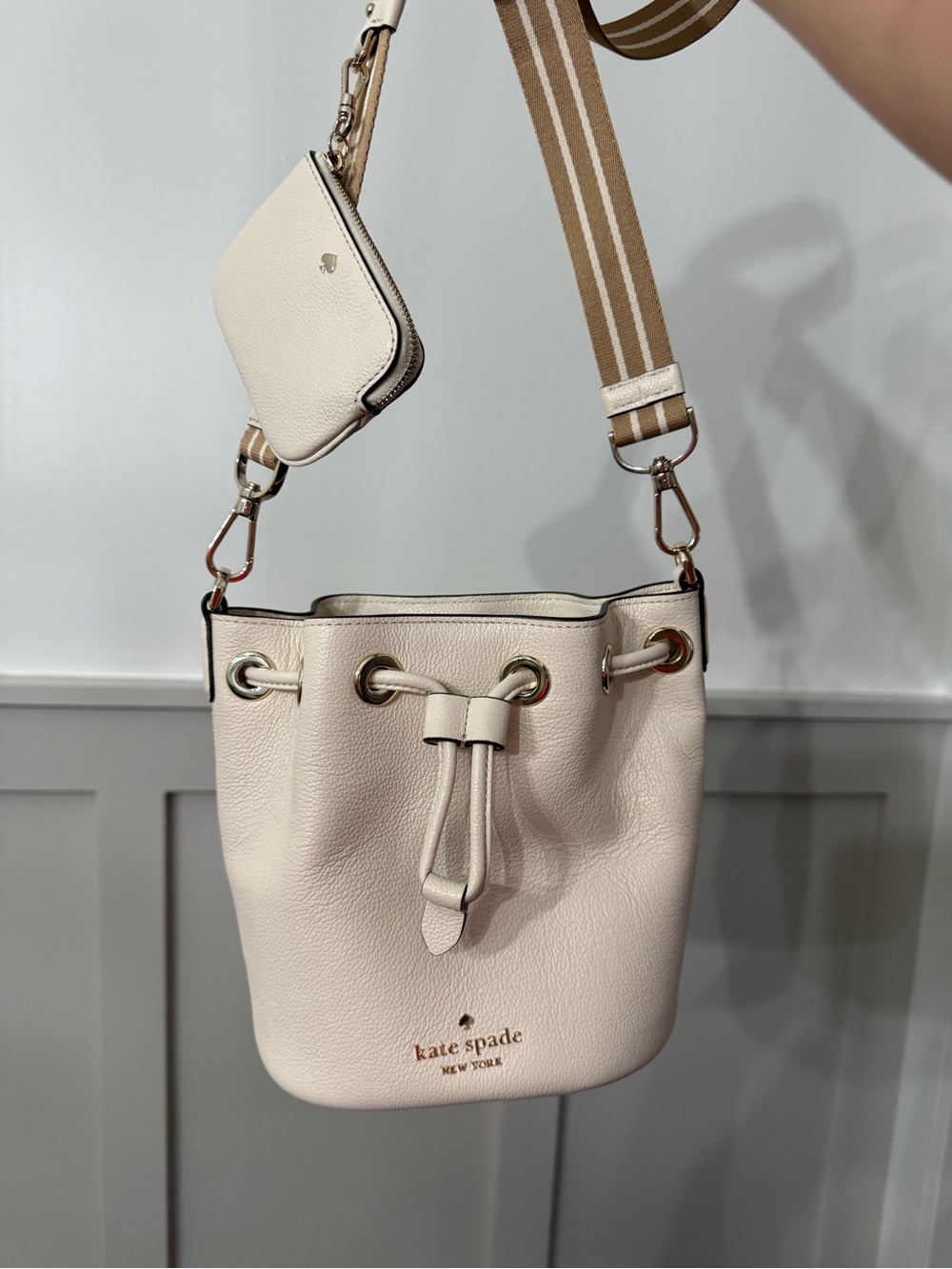 Kate Spade Pebbled Leather Drawstring Bucket Bag with Striped Strap